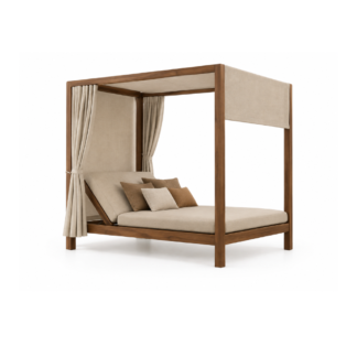 Teak Wood Canopy Bed with Upholstered Cushion