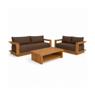 Solid Wood Sofa Set with Brown Cushions and Coffee Table Modern Living Room Seating Furniture for Home Hotel Cafe Lounge