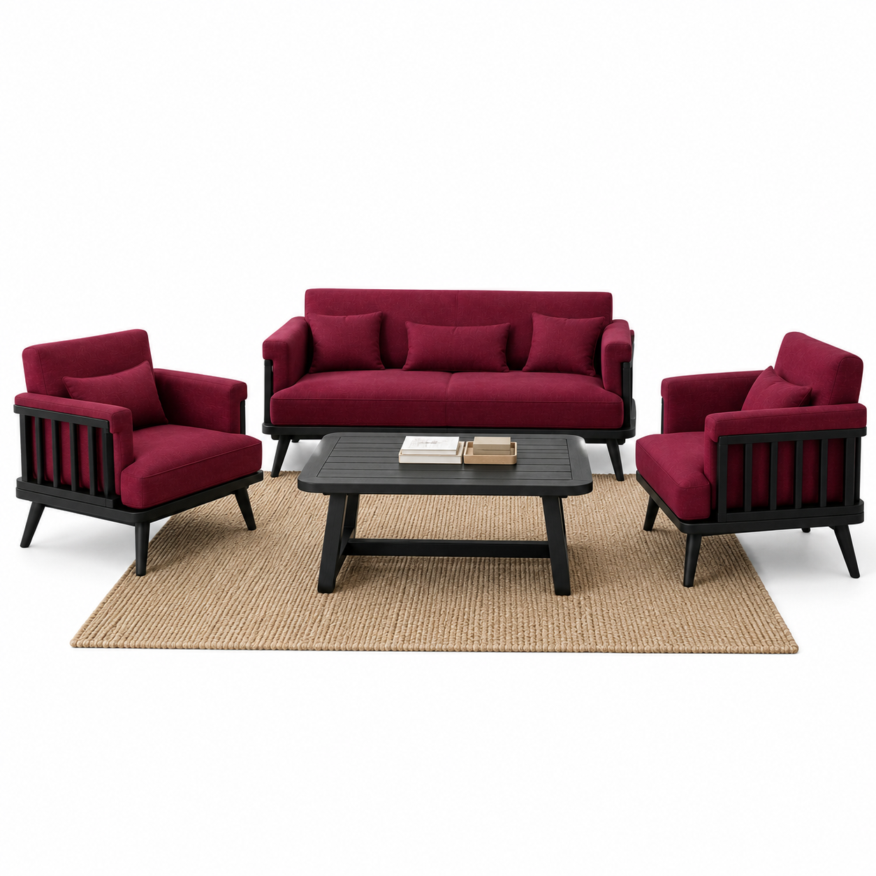 Modern Solid Wood Sofa Set with Armchairs and Coffee Table for Hotel Villa Resort Living Room Lounge