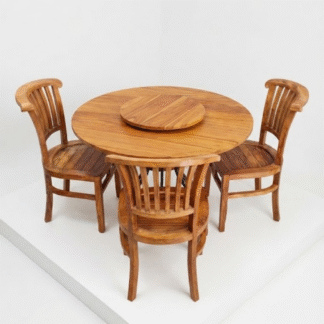 Solid Teak Wood Round Dining Table Set With 3 Slat Back Chairs Wooden Dining Furniture For Home Restaurant