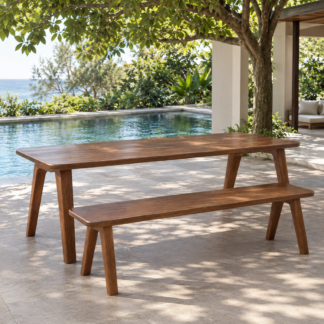 Teak Wood Outdoor Dining Table with Bench Set Patio Garden