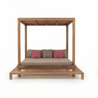 Solid Teak Wood Outdoor Canopy Daybed Patio Lounge Bed Poolside Sun Lounger Garden Furniture with Cushion