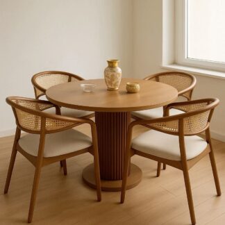 Japandi Teak Wood Round Dining Table Set with Fluted Pedestal Base