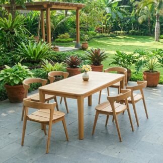 Premium Solid Teak Wood Outdoor Dining Set Rounded Corner Rectangle Table with 6 Hiro Chairs