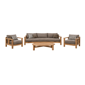 Teak wood outdoor sofa set with green cushions
