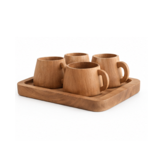 Teak Wooden Coffee Mug Set