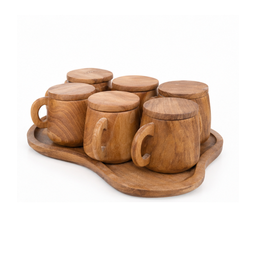 Coffee Mug Set with Natural Teak Wood