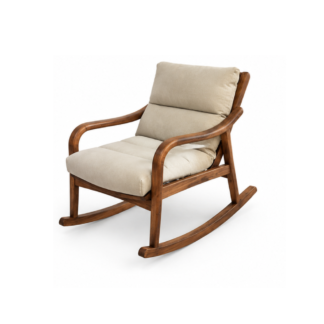 Solid Teak Wood Rocking Chair with Beige Cushion