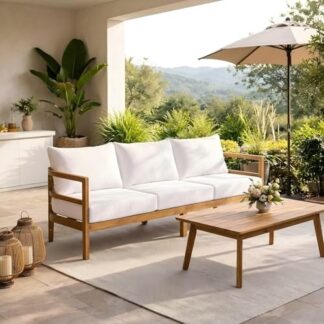 3Seater Sofa White Cushions Wooden Armrests